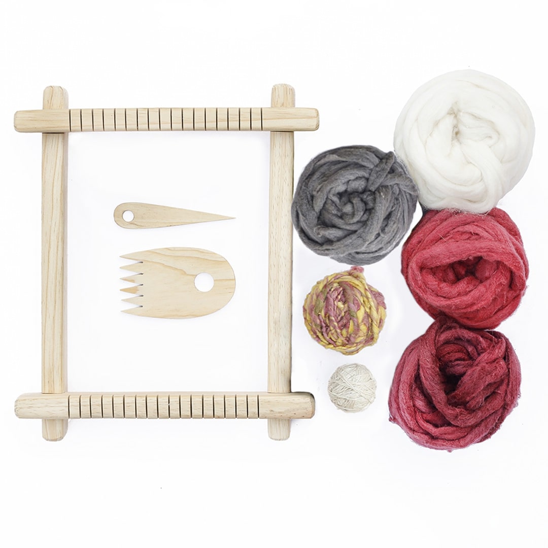 Small Tapestry Weaving Loom Kit and Eri Silk Yarn And Natural Fibers  