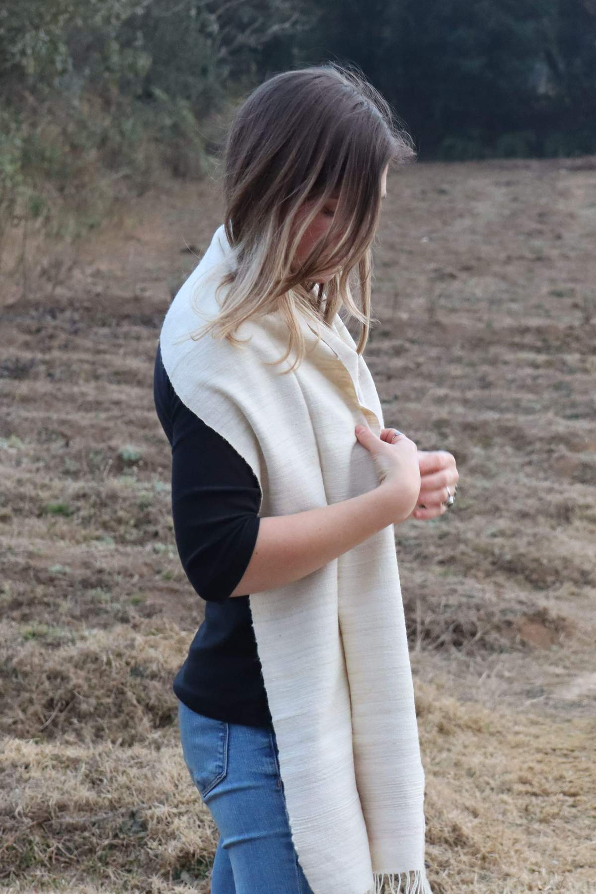 A Women Wearing Eri Silk Scarf