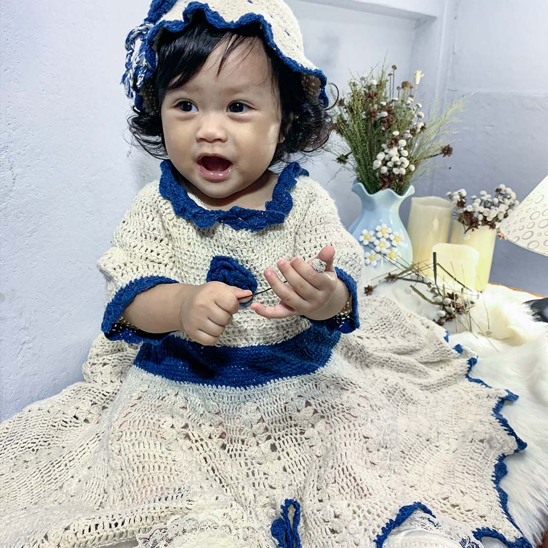 Baby blue and white dress with floral design