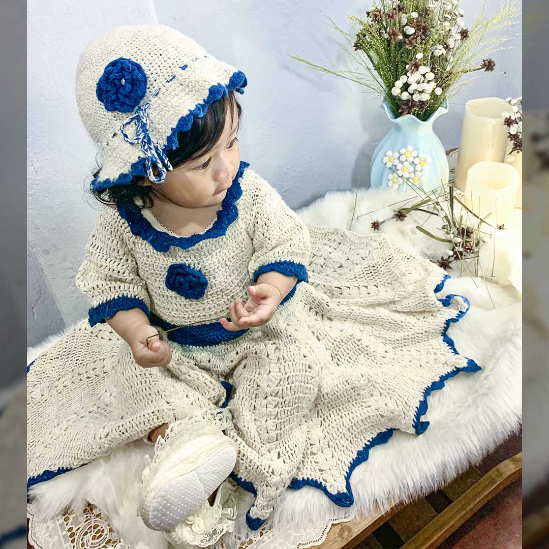 Baby blue and white dress with floral design