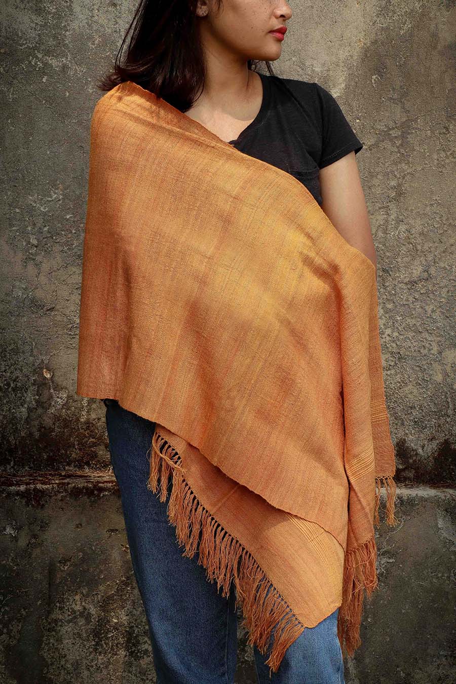 A Women Wearing A Beautiful Orange Eri Silk Scarf On A Sunset Evening - Buy Silk Scarf For Women 