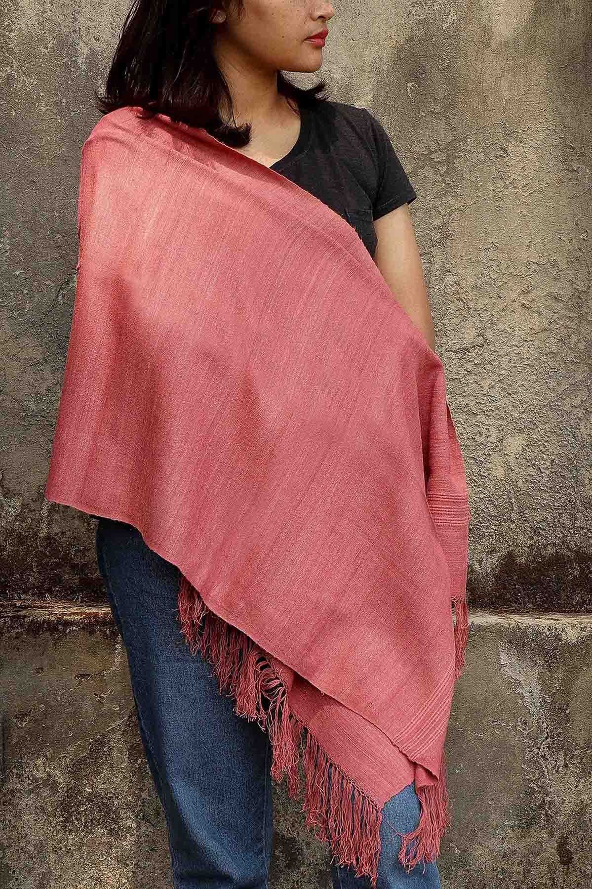 A Women Wearing A Beautiful Peach Eri Silk Scarf On A Sunset Evening - Buy Silk Scarf For Women 