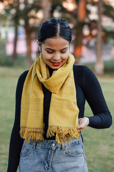 A Women Wearing A Beautiful Yellow Eri Silk Scarf On A Sunset Evening - Buy Silk Scarf For Women 