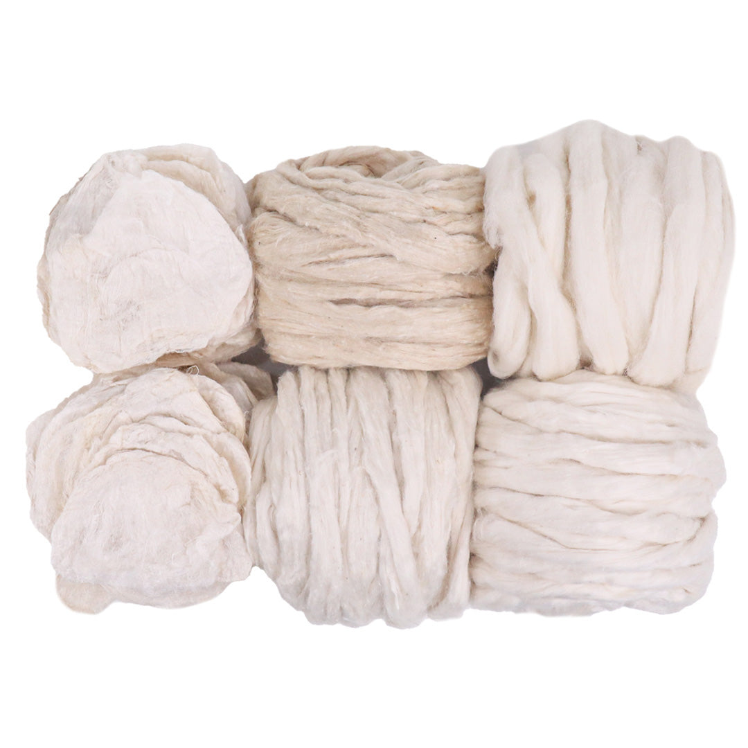 Silk Fiber Sampler Pack - Muezart India - Buy Eri Silk Fiber online India - Muezart India - Silk Fiber Price - Process Silk Fiber Eri Silk Fiber Top - Buy Natural Silk Fiber Online - Fiber Silk - Fiber for Yarn - Degummed Cocoons -Cocoon Cakes - Eri Muga Silk Fiber - Eri Top FIber - Eri Roving