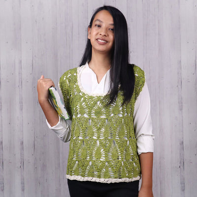 A Women Wearing A Green Pineapple Sleeveless Eri Silk Top - Best Eri Silk Top For Women
