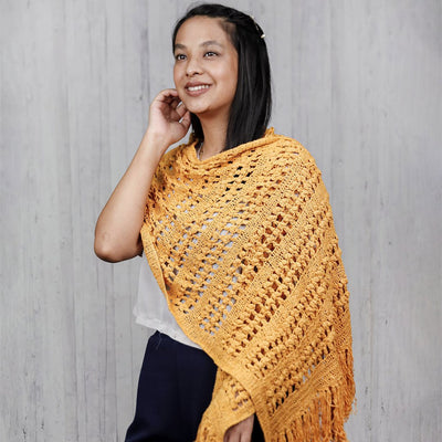 A Women Wearing A Yellow Bloom Crocheted  Eri Silk Shawl For Women - Best Silk Shawl For Women Online