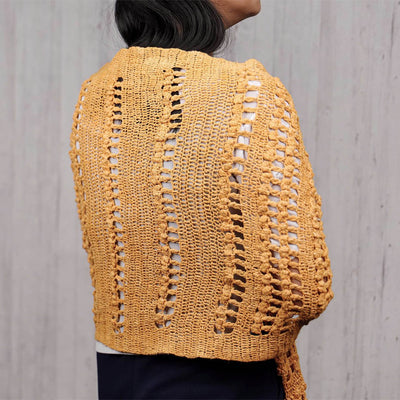A Women Wearing A Yellow Bloom Crocheted  Eri Silk Shawl For Women - Best Silk Shawl For Women Online
